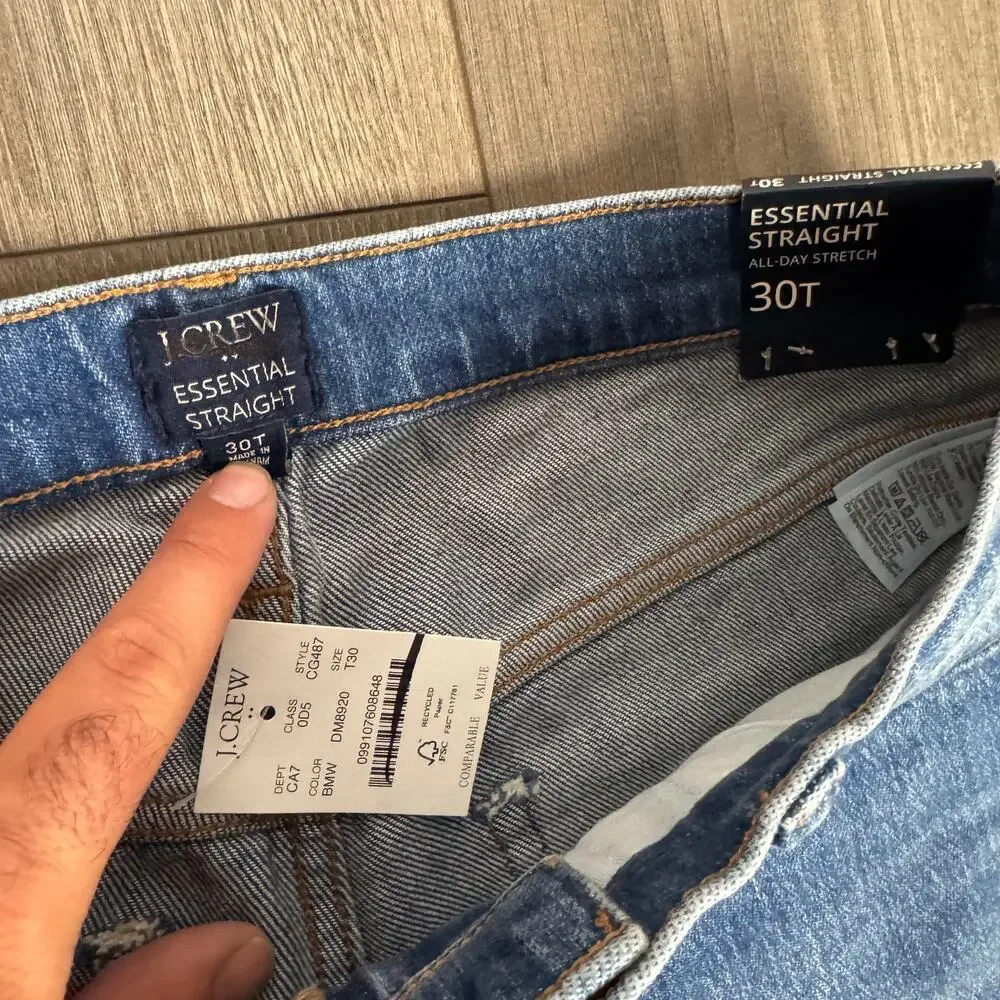 J.Crew Tall Essential Straight Jeans WMNS 30T Blue Denim Raw Hem All Day Stretch